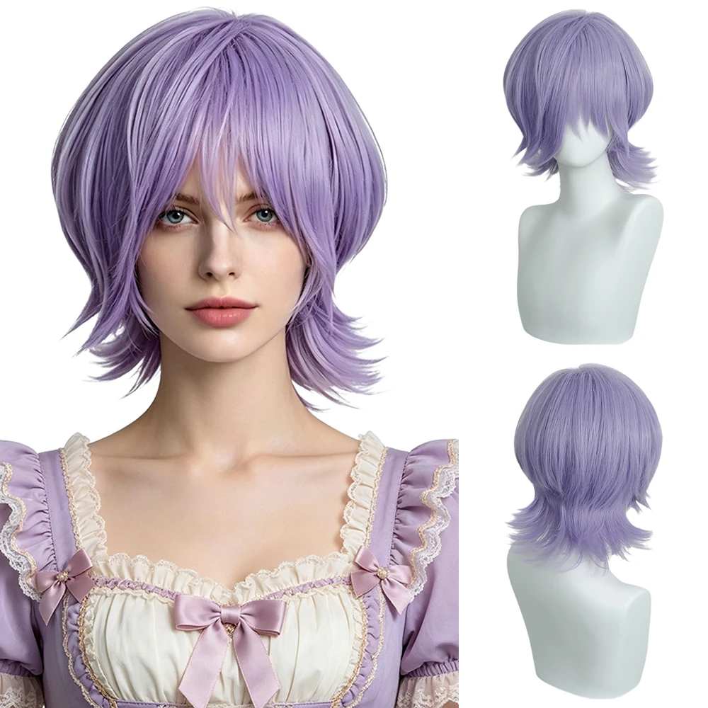 Anime Cosplay Wigs Lavender Purple Short Mullet Wolf Cut Wig Unisex Fluffy Synthetic Heat Resistant For Halloween Party Daily