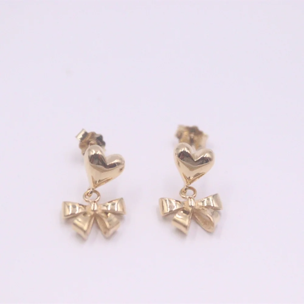 

Real Pure 18K Yellow Gold Stud Women Lucky Heart Bowknot Dangle Earrings 1.7g