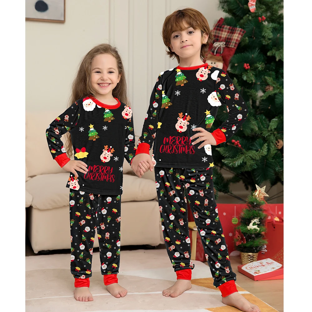 Autumn Winter Christmas Mom Daughter Dad Son Matching Pajamas Kids Women Men Black Print Sleepwear Set Family Look Baby Romper