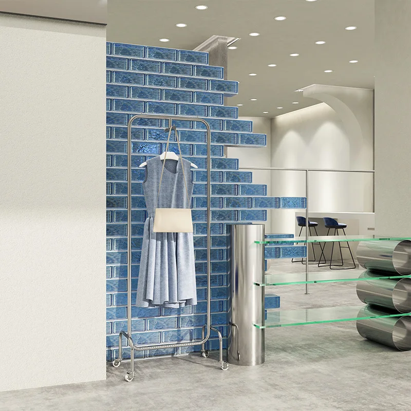 Customized Clothing Display Rack Stainless Steel Floor-Standing with Wheels Island Shelf Mobile Hanging Display Props Men's