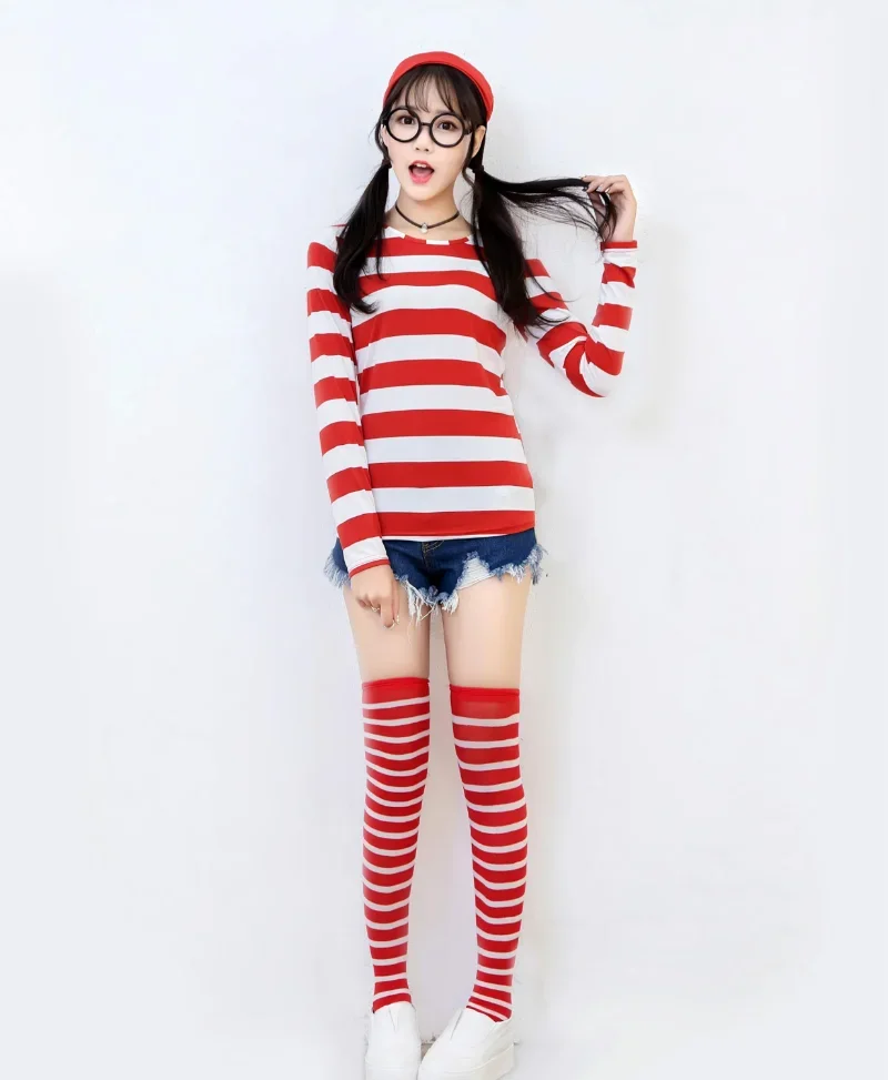 

Waldo Book Week Fancy Dress Where's Wally Family Matching Parent-Child Costume Red White Stripe Shirt +Hat +Glasses Girls Boys