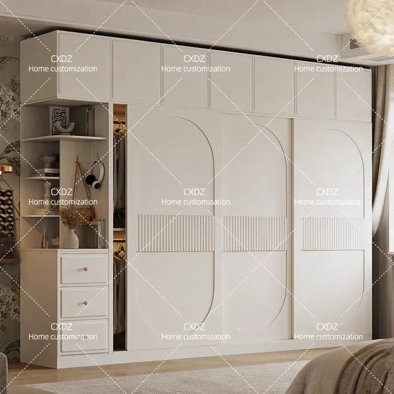 Cream White Sliding Door Wardrobe Modern Simple Bedroom Storage Cabinet Small Apartment Household Closet Organizer Furniture