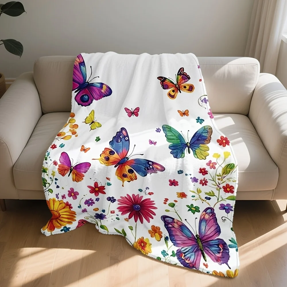 Decorative Butterfly Floral Print Throw Blanket Nursery Decor Baby Picnic Lap Throw Boho Summer Kids Cozy Chunky Knit Bedding