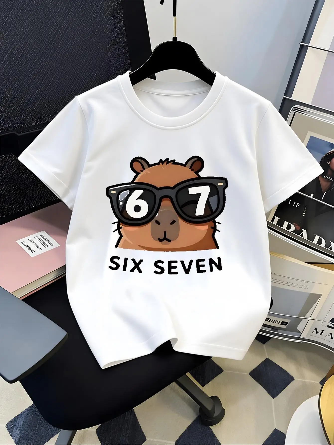 Cute Capybara Wear Sunglasses Six Graphic Tee Boys Girls Family Matching Casual Parent Kids Cartoon Animal Short Sleeve Outfit