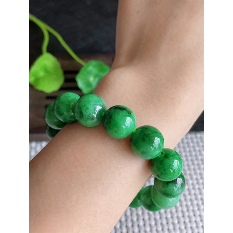 Myanmar Natural a Bracelet Ice-like Full of Spicy Green round Beads Jade 15 Pcs 71.23G Wholesale