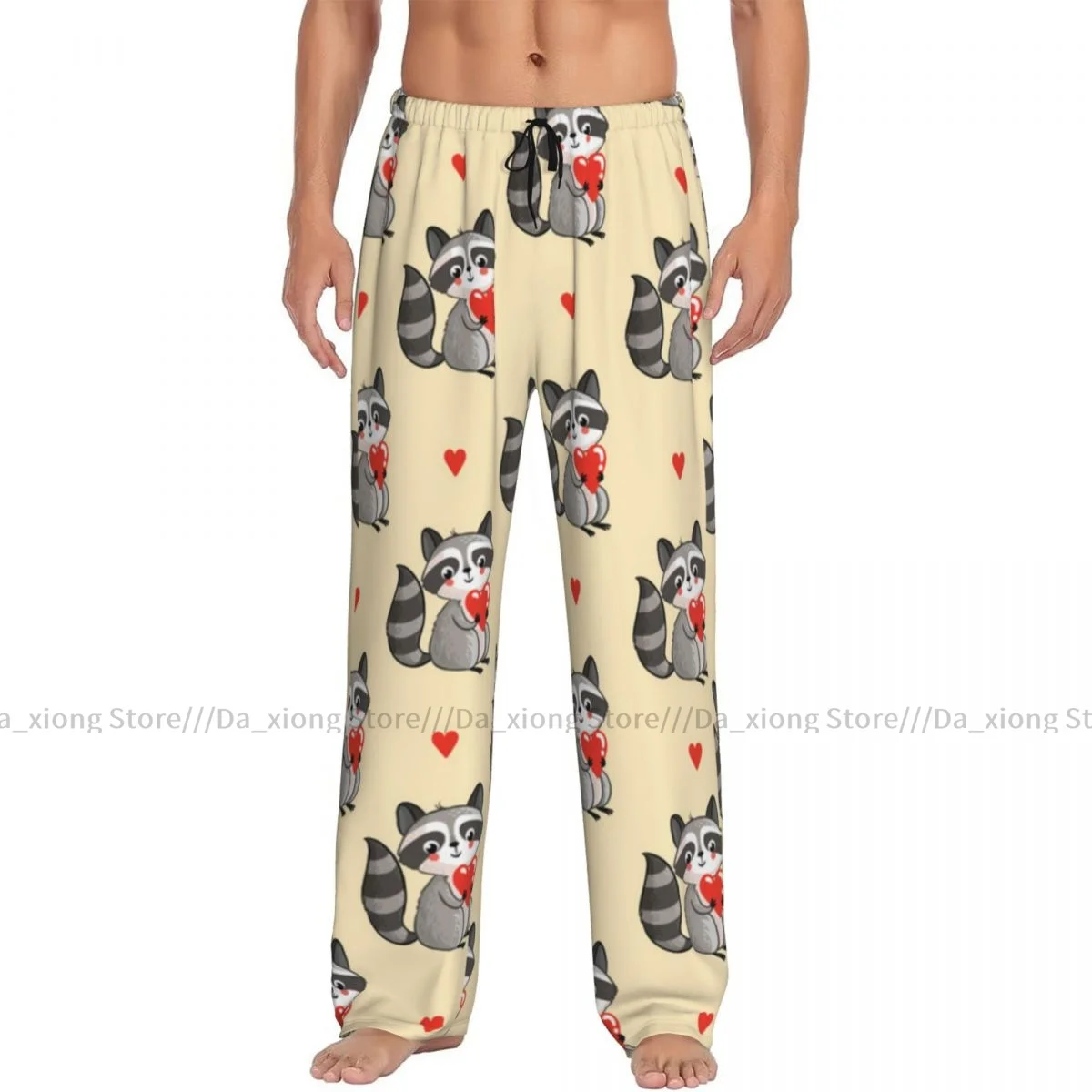 Mens Casual Pajama Long Pant Loose Elastic Waistband Cute Raccoon Holding Heart Cozy Sleepwear Home Lounge Pants