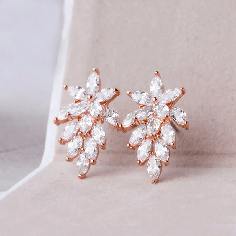 Shiny Marquise Leaf Cubic Zirconia CZ Crystal Stud Earrings for Women or Wedding Bride Party Wearing