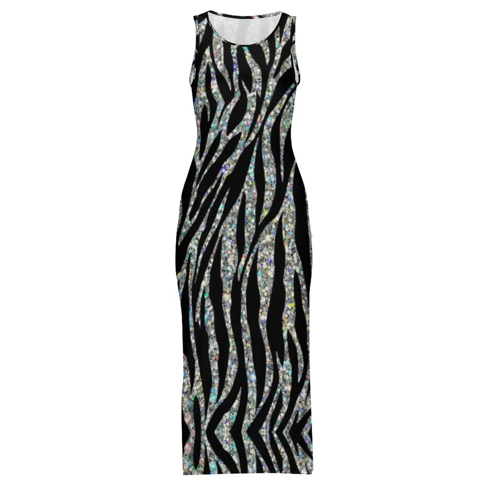 Abito aderente con zebra glitterato Abito estivo con stampa animalier astratta Abiti maxi casual Donna senza maniche Y2K Abito alla moda Taglia grande 3XL 4XL