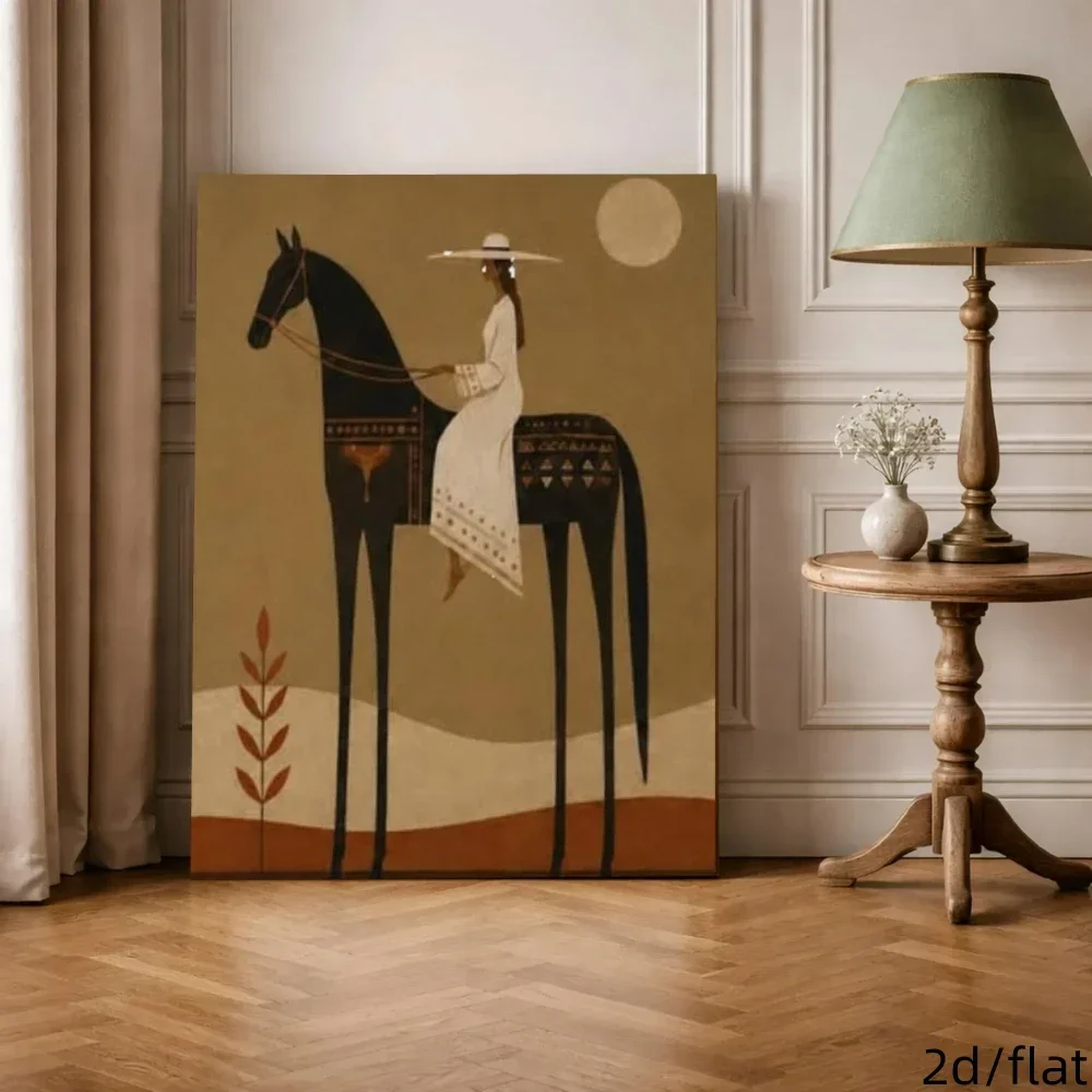Vintage Brown‑Black Tone Wall Art, Geometric Horse‑Riding Figure Print Decor Painting for Living Room Bedroom Study, Home Wall