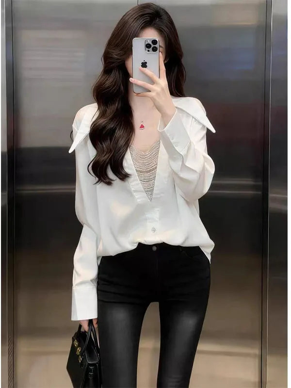 

Sexy V-Neck Splice Beaded Loose Shirt Spring Fashion Design Loose Korean Style Long Sleeve Color Casual Wear for Women