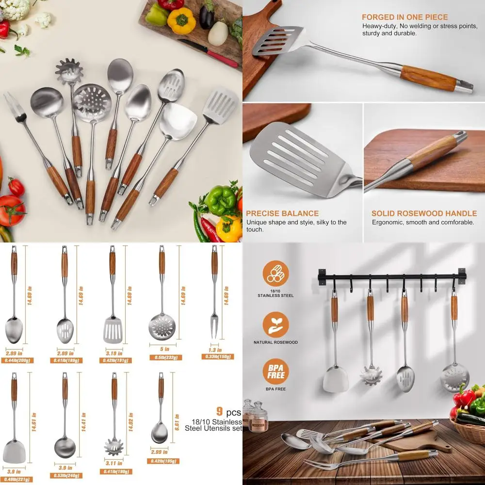 

Набор кухонных принадлежностей из 9 предметов из нержавеющей стали с термостойкими деревянными ручками и лопаткой для вока
