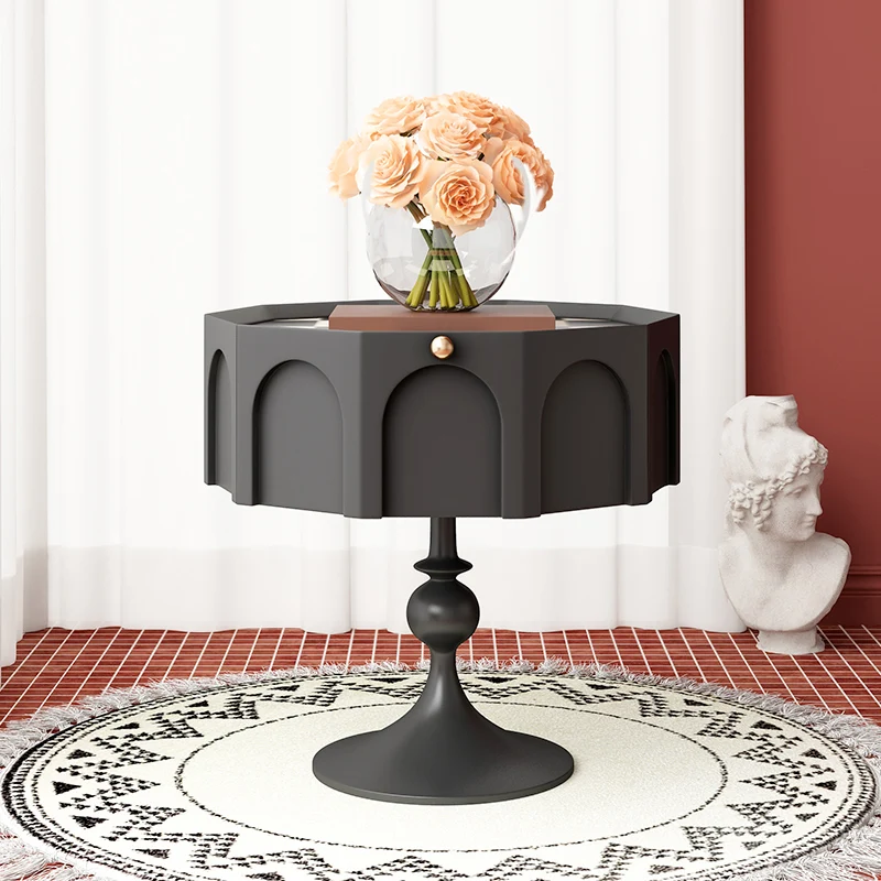 Livin-Vintage Black Bedside Table,Bedroom Furniture,Circular,Solid Wood,Sofa Edge,Storage Cabinet,Luxury Customized