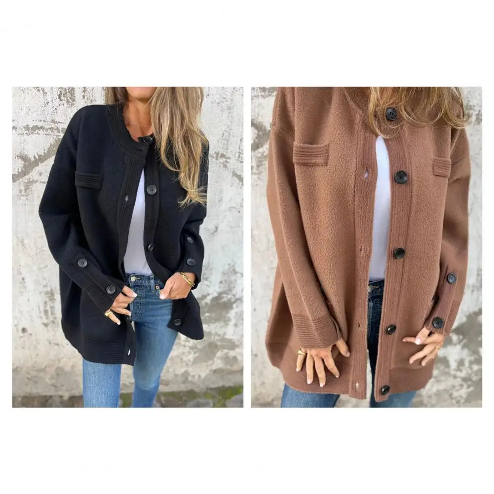 Inverno feminino cardigan jaqueta comprimento médio em torno do pescoço único breasted outerwear cor sólida mangas compridas senhora casaco para uso diário