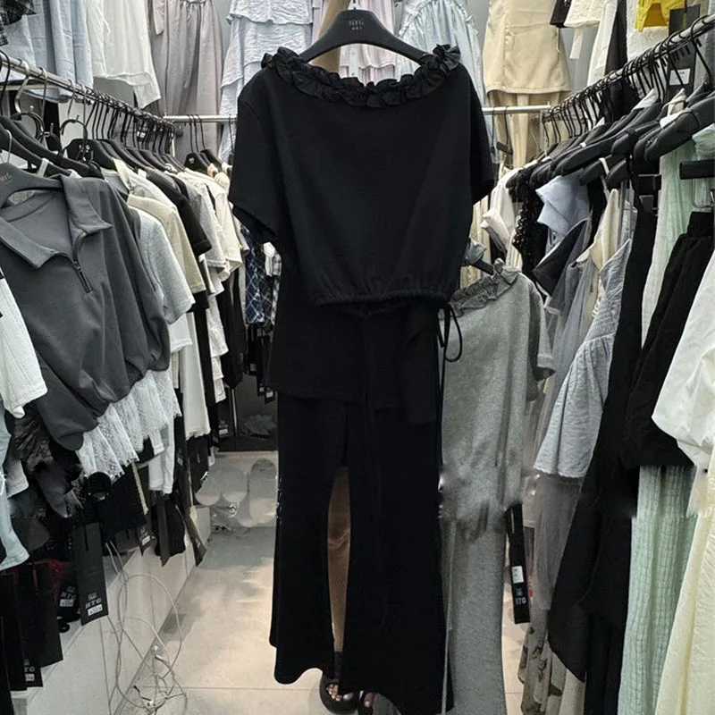 2025年夏 ファンガスエッジ ドローストリング ウエストシンチング 半袖トップス＋ファートカーテン ワイドレッグ カジュアルパンツ おしゃれセット パンツセット