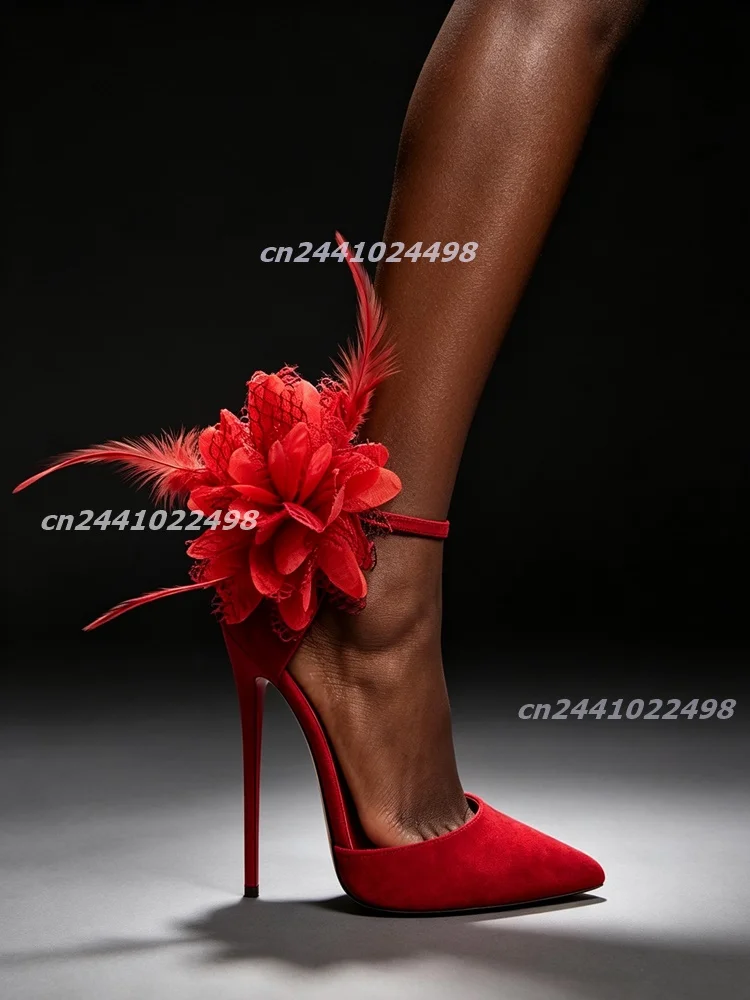 Women Pointed Toe Backless High Heel Pumps 14cm 16cm Super Thin Stiletto Heels  Flower Feather Slip On Shoes Nightclub Party