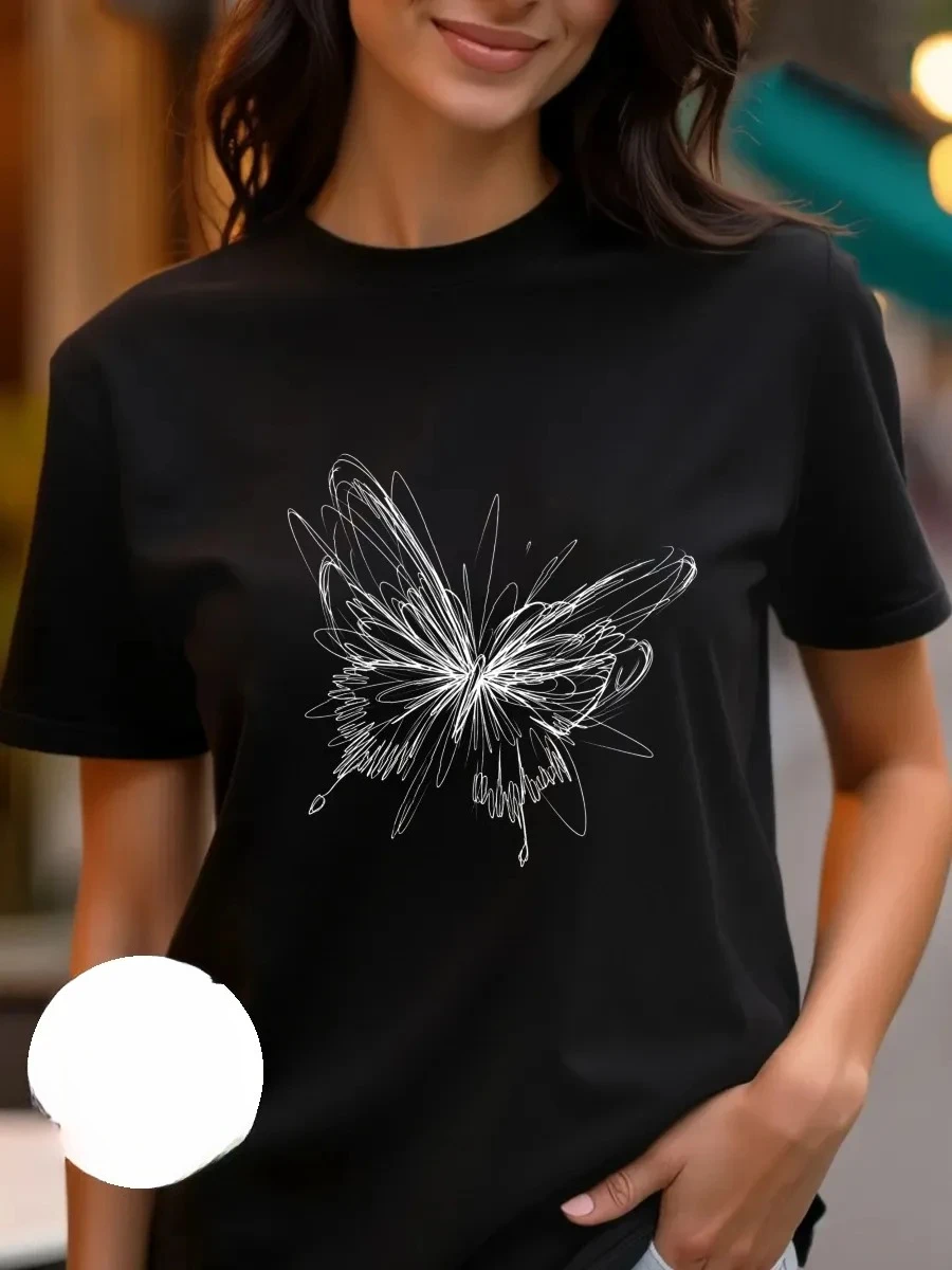 Creative Line Print, Round-Neck Short-Sleeved Top T-Shirt