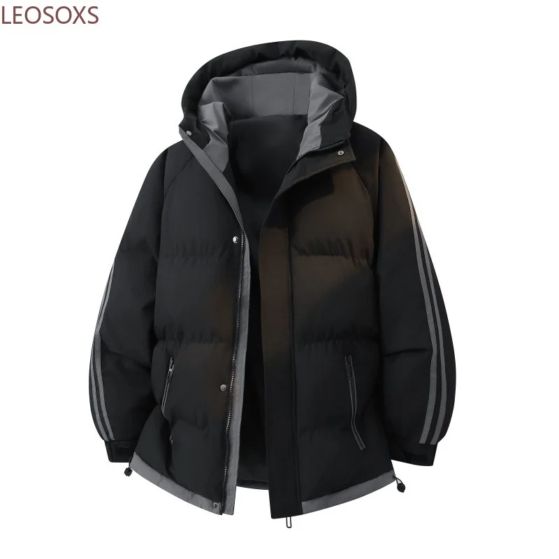 

Men's Winter Fashion Thickened Cotton Jacket Casual Warm Outerwear Coat Stylish Double Bar Design Thick Cotton Padded Jacket