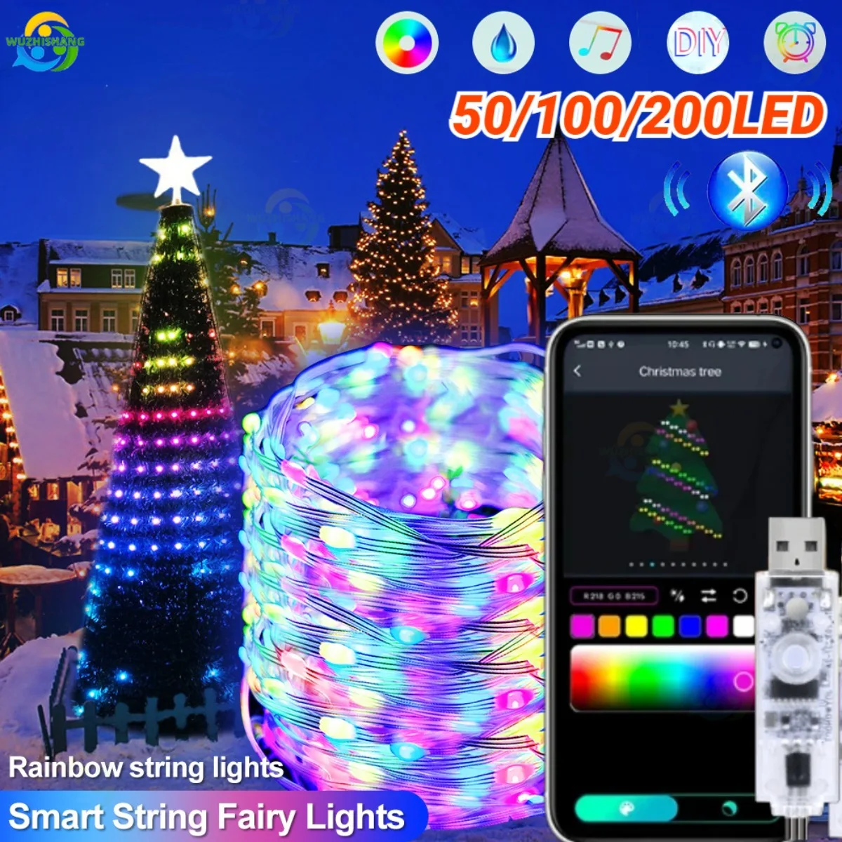 LED Christmas Lights 20M 10M 5M Fairy String Light Smart Bluetooth Addressable Curtain Lights Holiday Home Party Birthday Decor