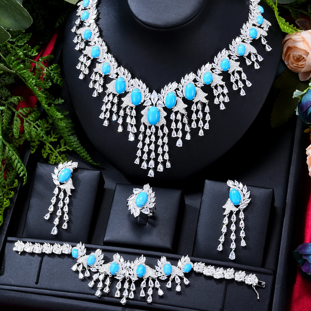 

Missvikki Dubai Noble Luxury Opal 4PCS Necklace Earrings Bracelet Ring Jewelry Set for Women Romantic Bridal Wedding Jewelry