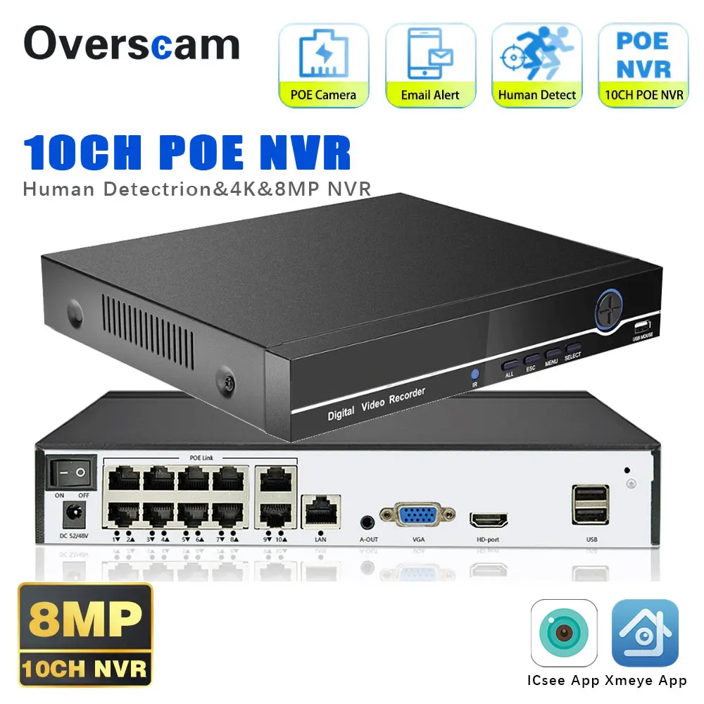 10CH Xmeye 4K 8MP PoE NVR Video Recorder For Home Security CCTV System 8CH 24/7 Recording H.265 Face Detection Network Recorder