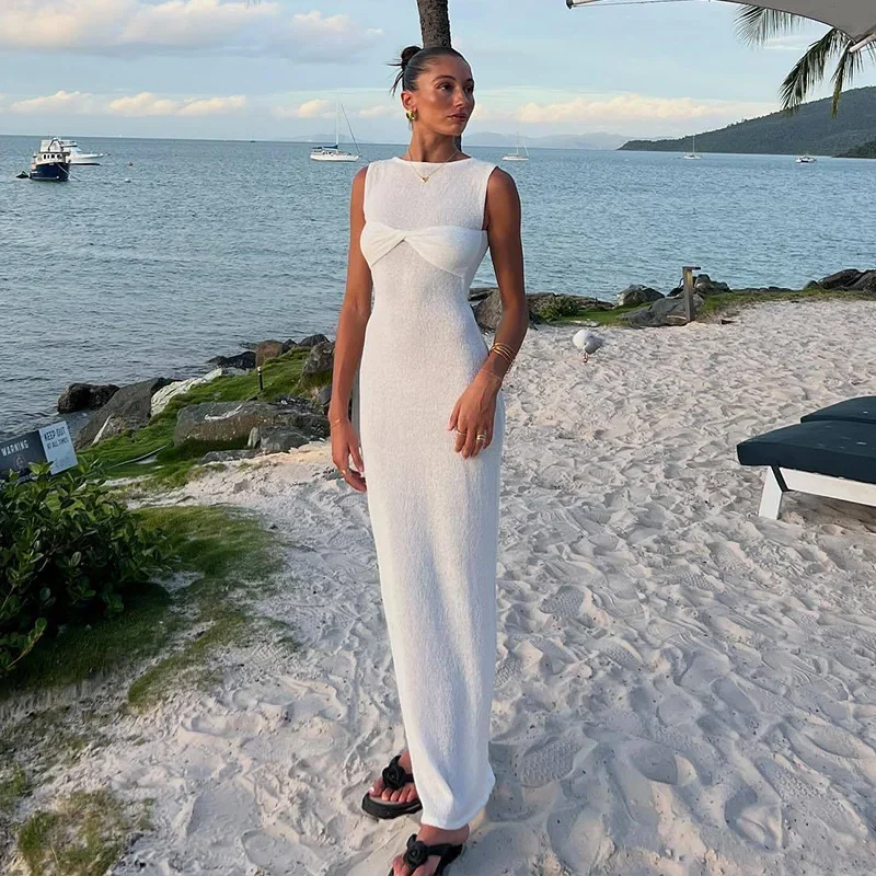 2024 Knitted Sexy See Through Summer Dress Bikinis Cover-ups Beach Cover Up Sleeveless Maxi Bodycon Dress Slim Beachwear