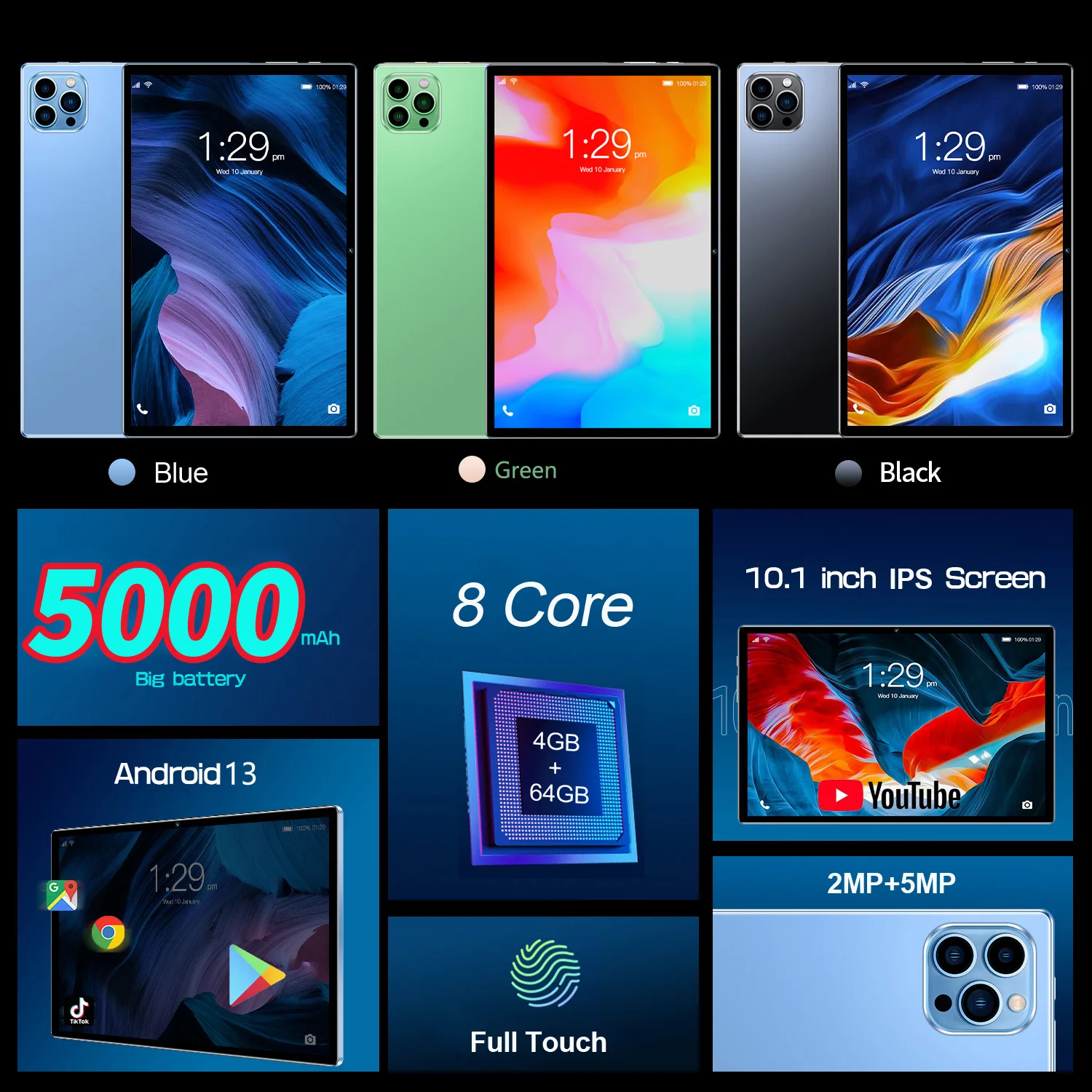 Картина 7: Новый планшет BDF 10.1 дюйма на Android, восьмиядерный процессор, 4 ГБ ОЗУ + 64 ГБ ПЗУ, поддержка двух SIM-карт, 3G, функция звонков, аккумулятор 5000 мАч, Google Android 13.0.