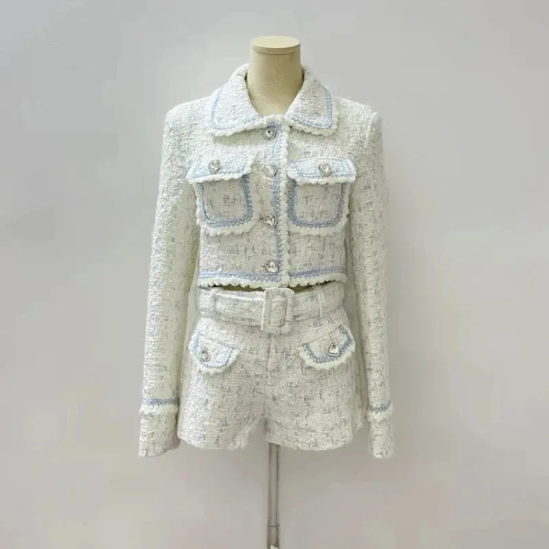 Bonito outono elegante shorts 2 peça conjunto feminino outwear casual colheita topos casaco + senhora do escritório y2k shorts feminino moda coreana terno