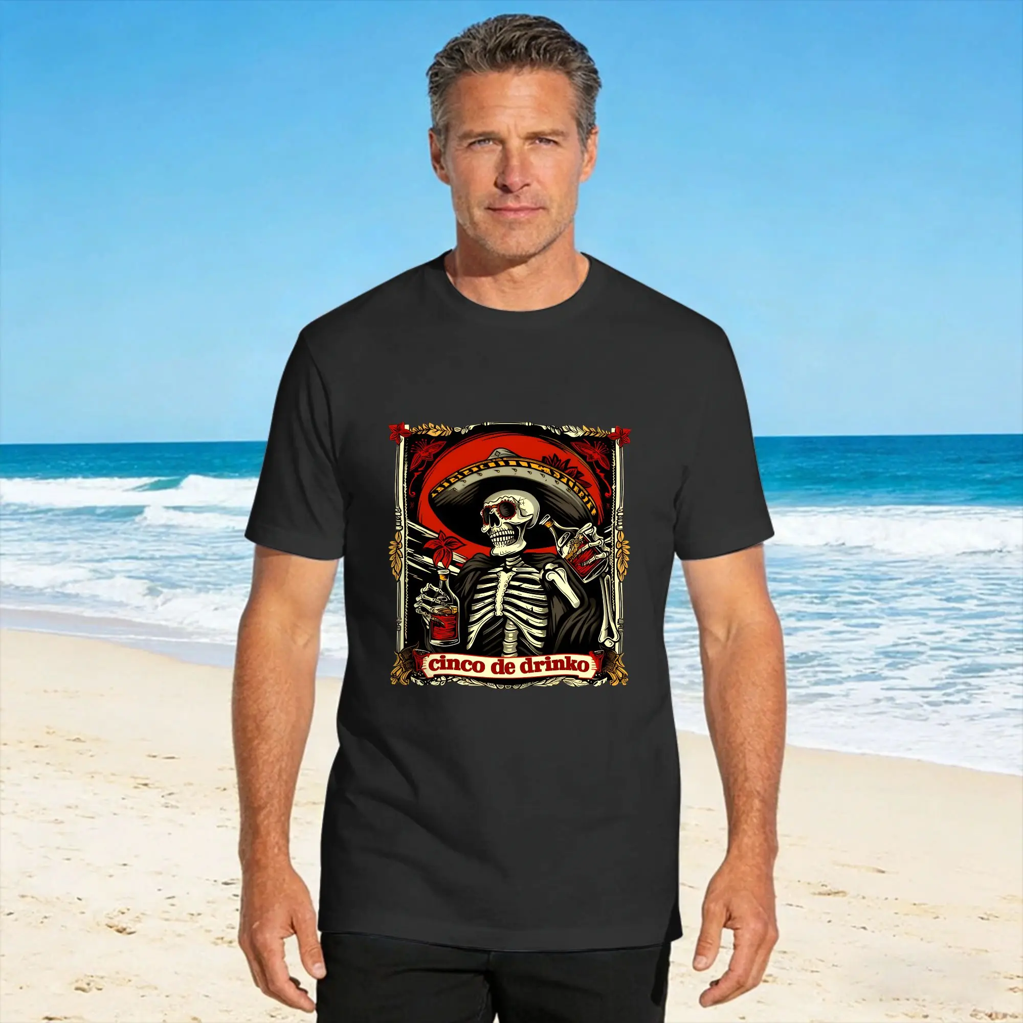 T-shirt Cinco de Drinko Funny Skeleton Tequila, T-shirts d'été en coton pour hommes, T-shirt imprimé populaire à manches courtes