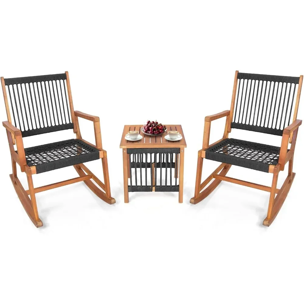 

3 Pieces Acacia Wood Rocking Bistro Set, All-Weather Rope Woven Patio Furniture Set with Coffee Table, Outdoor Conversation