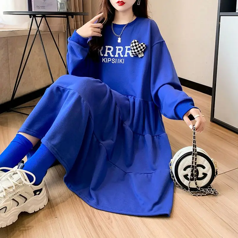 Autumn Winter Loose Printing Solid Color Long Sleeve Tshirt Dress Femme Casual Korean Pleated Bright Line Decoration Midi Dress