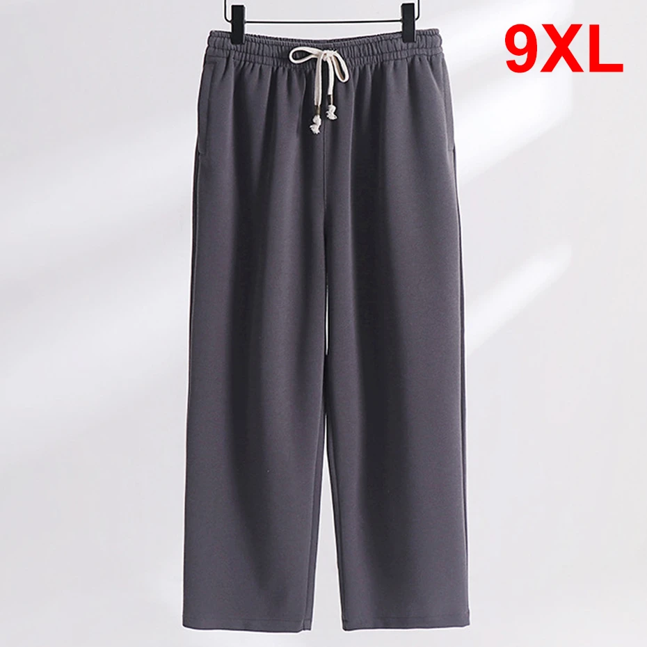 

Solid Color Straight Pants Men Sweatpants Autumn Winter Fleece Pants Male Plus Size 8XL 9XL Elastic Waist Trousers Black