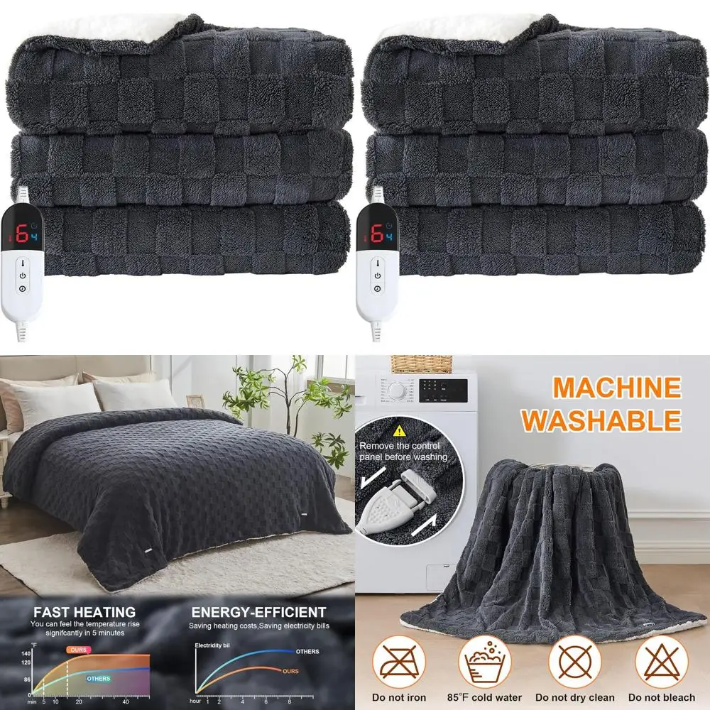 

Sherpa Electric Throw Blanket - 50x60 Jacquard Checkered, 6 Heat Levels, 4-Hour Auto-Off, Overheat Protection