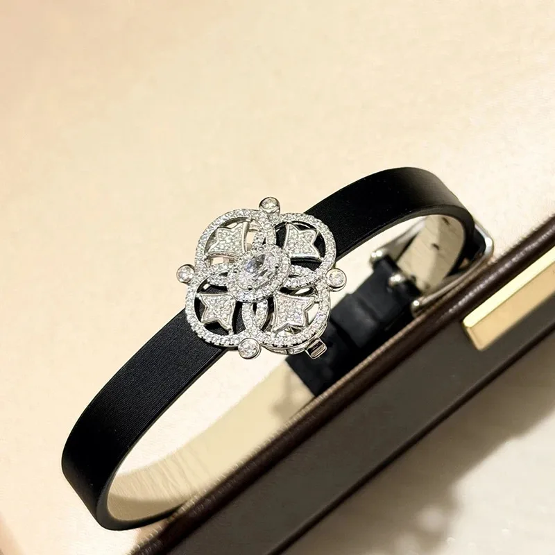 

ROBOTZ925 Sterling Silver Jewelry For Women Black Leather Bracelet Snowflake Flower Design Pendant Wedding Jewelry Fashion Party