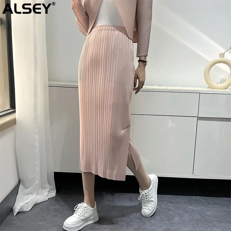 

ALSEY Miyake Pleated Bustier Skirt Women Side Split High Waist Slim Elegant Light Medium-length Aesthetic Bustier 2024Summer New