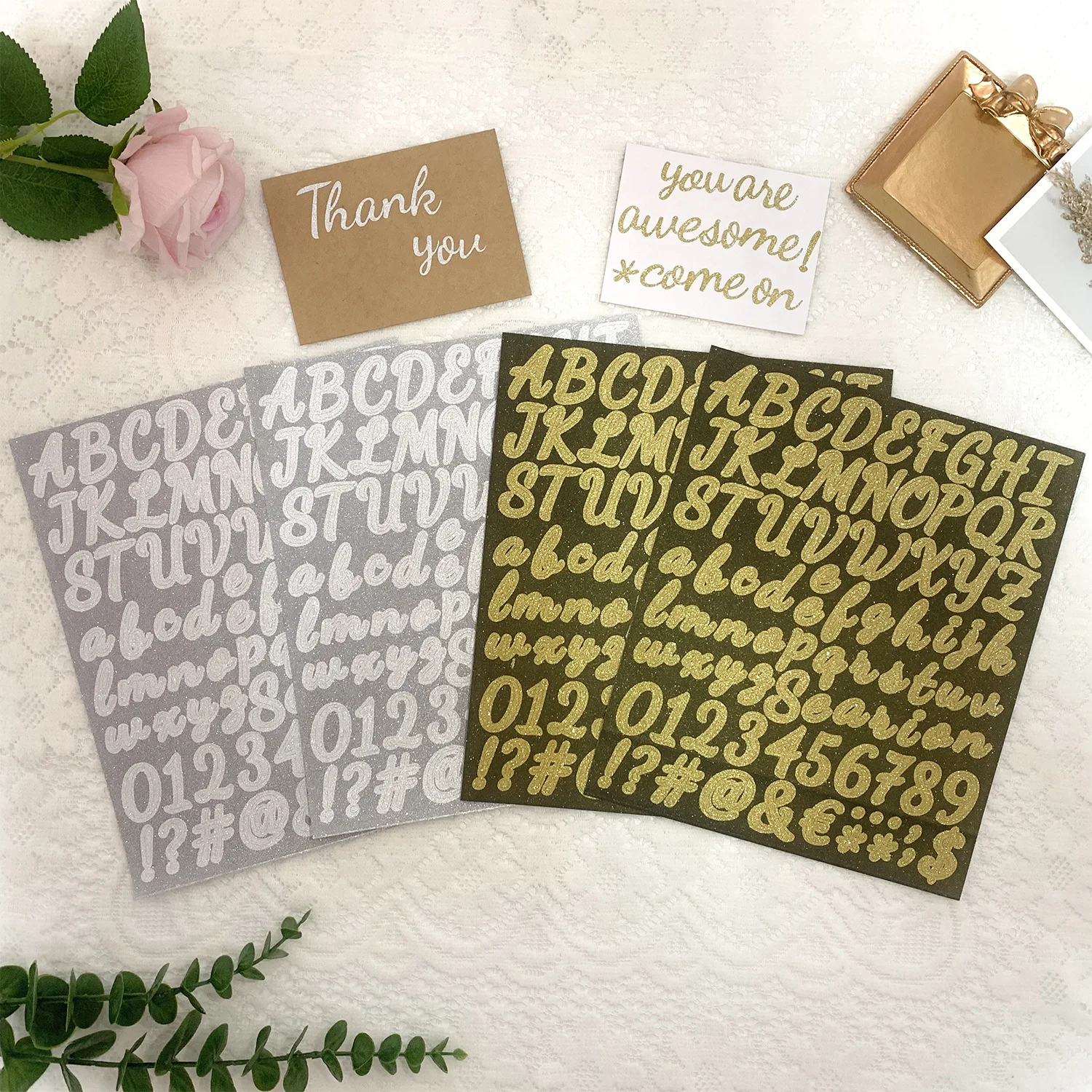 

2/6 Sheets Handwriting Letters&Number Stickers Laser Gold Silver Powder Sticker Holiday Party DIY Decoration Alphabet Stickers