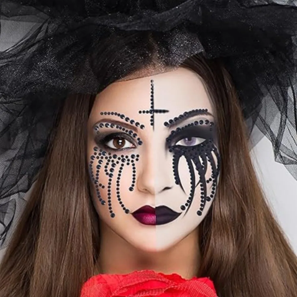 3D Resin Face Rhinestone Sticker Colorful Clown Makeup Halloween Fake Tattoo Shiny Halloween Decor Jewelry Face Sticker