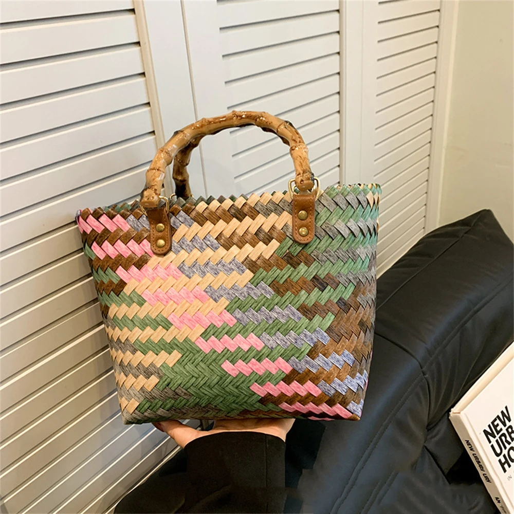 ISKYBOB-Bolso de mano tejido a mano para mujer, bolsa de cesta portátil, bolsa de playa de ocio, bolsas de cubo de PE, colores de regalo