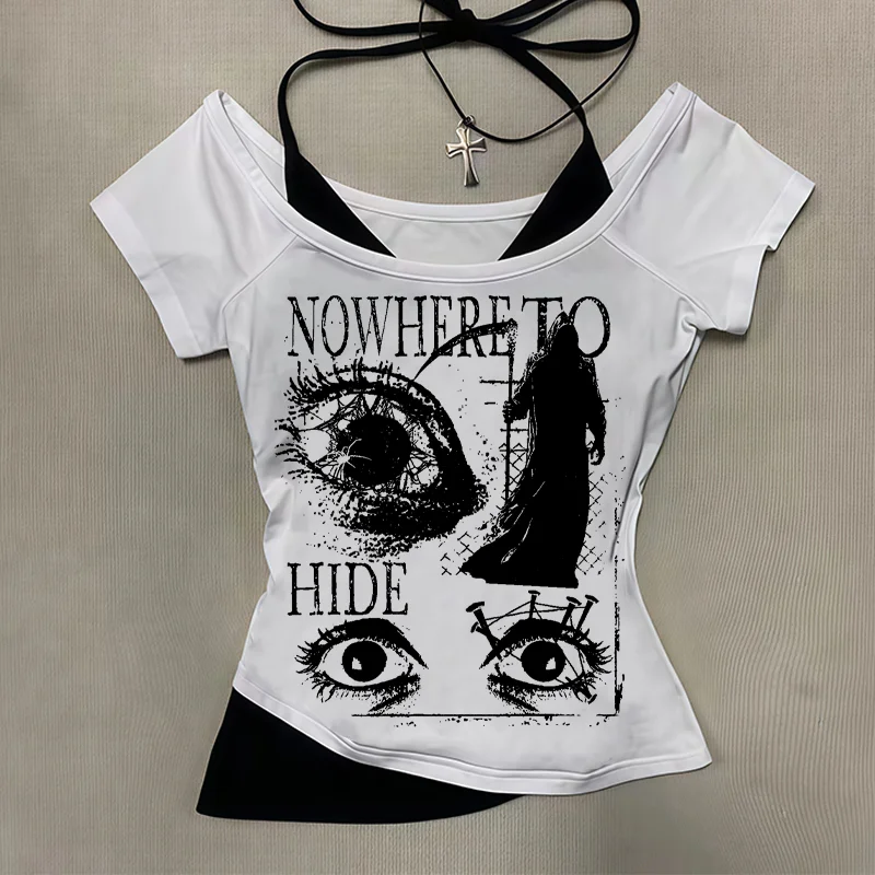 

2025 New Y2K Devil's Eye Printed One Piece Street Short Top, Hot and Sexy Off Shoulder and Umbilical Fake Two Piece T-shirt