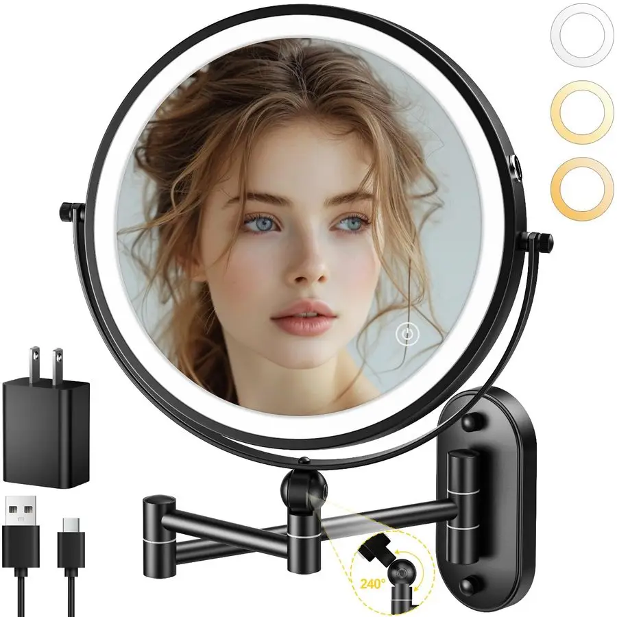 

Wall Mounted Lighted Makeup Mirror,4000mAh Rechargeable Double Sided 1X 10X Magnifying Mirror with Light,3 Color Lights,Touch Di
