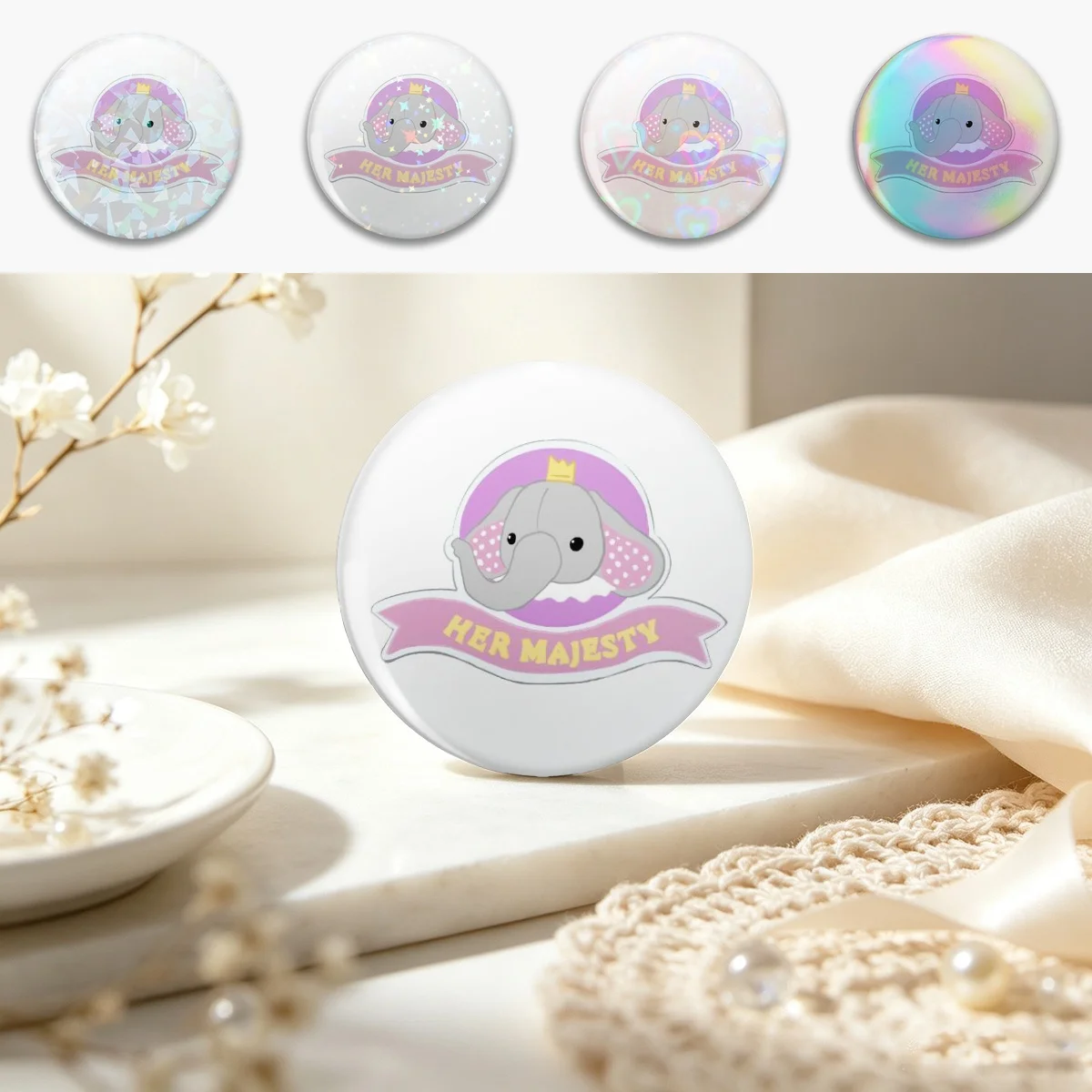 Her Majesty, Cutie the Elephant. Pin Holographic Star Heart Pin Brooches Laminated Button Fashion Accessory