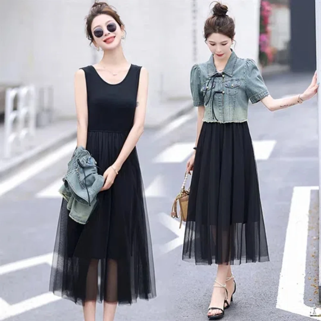 Women's Casual Denim Jacket Tulle Skirt Medium Long Elastic High Waist Pleated Mesh Flowy A-Line Party Long Puffy Skirt