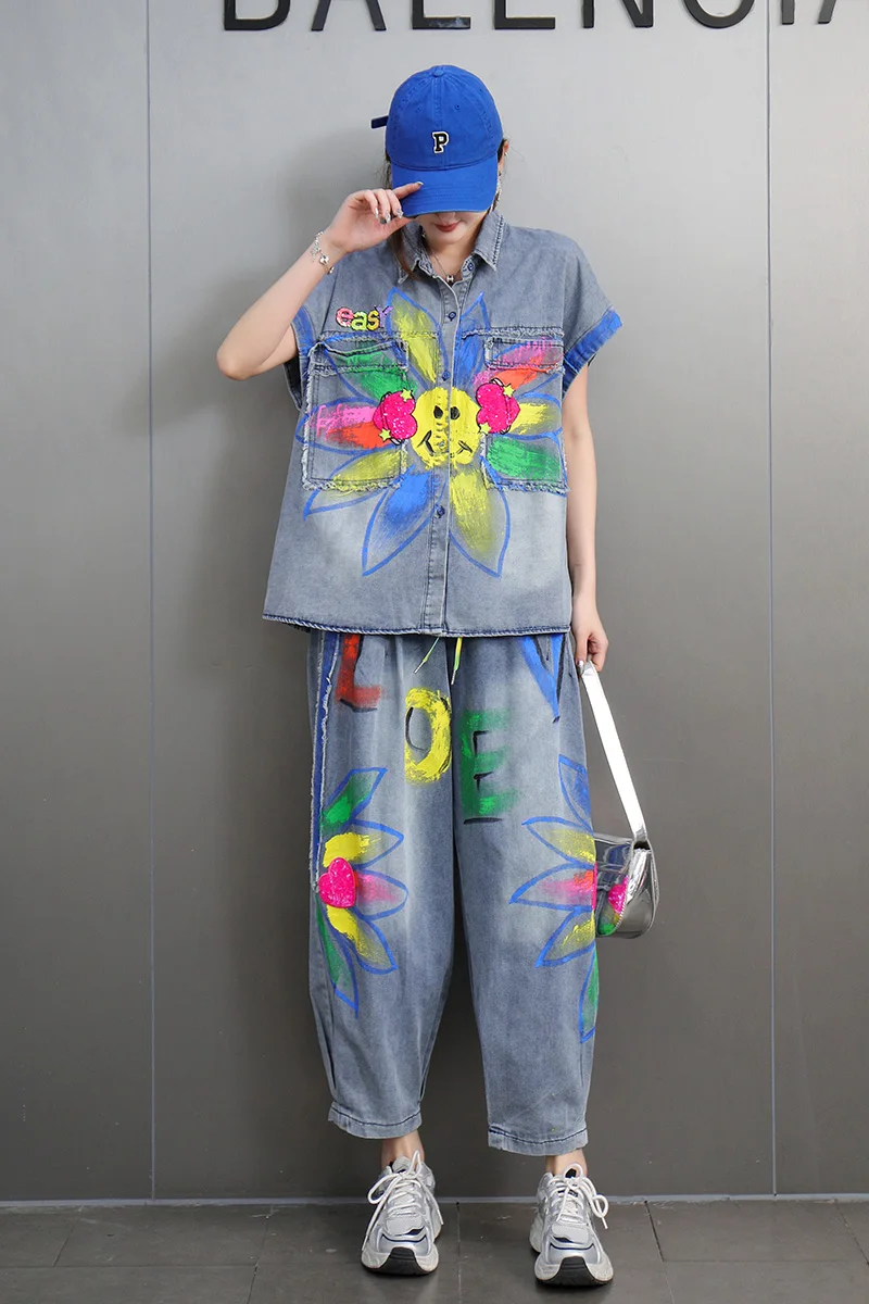 

2025 Spring New Fashion Retro Denim Set Women Loose Short Sleeve Top Loose Haron Pants Two-piece Set Wholesale J816