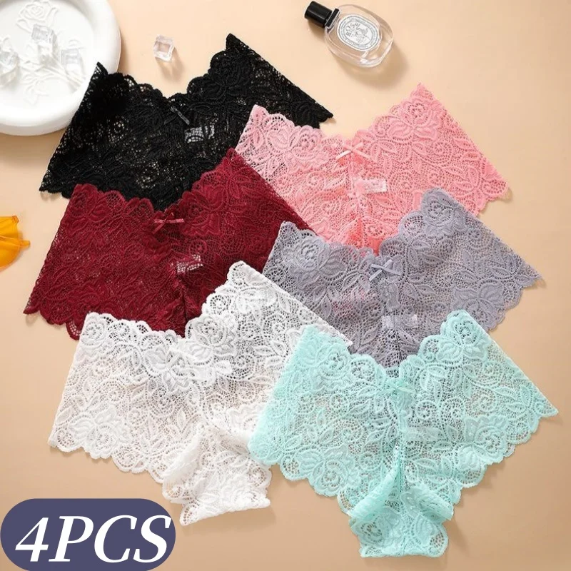 4Pcs/Set Women Floral Lace Panties Boyshorts Solid Color Underwear Female Low Waist Boyshort Breathable Sexy Lingerie S-XXL