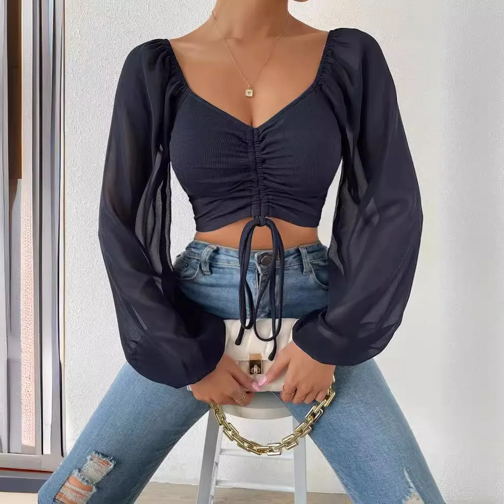 Long Sleeved Sexy Lantern Sleeve Shirt For Women'S Spring And Summer Temperament Square Neck Slim Fit Drawstring T-Shirt