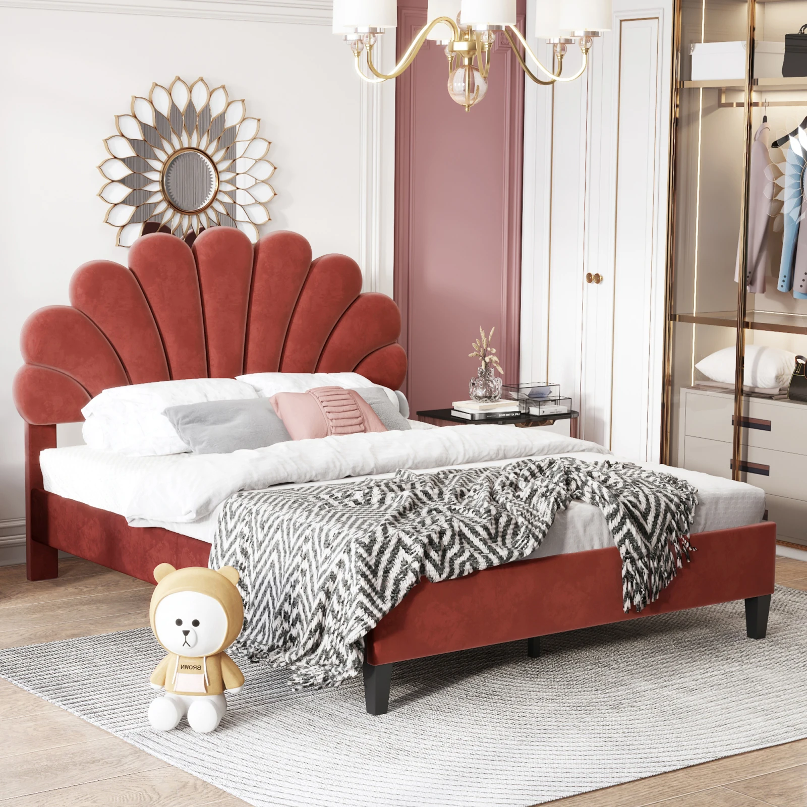 Upholstered double bed 140 x 200 cm, bed frame with flower-shaped headboard and slatted frame, adult-youth bed