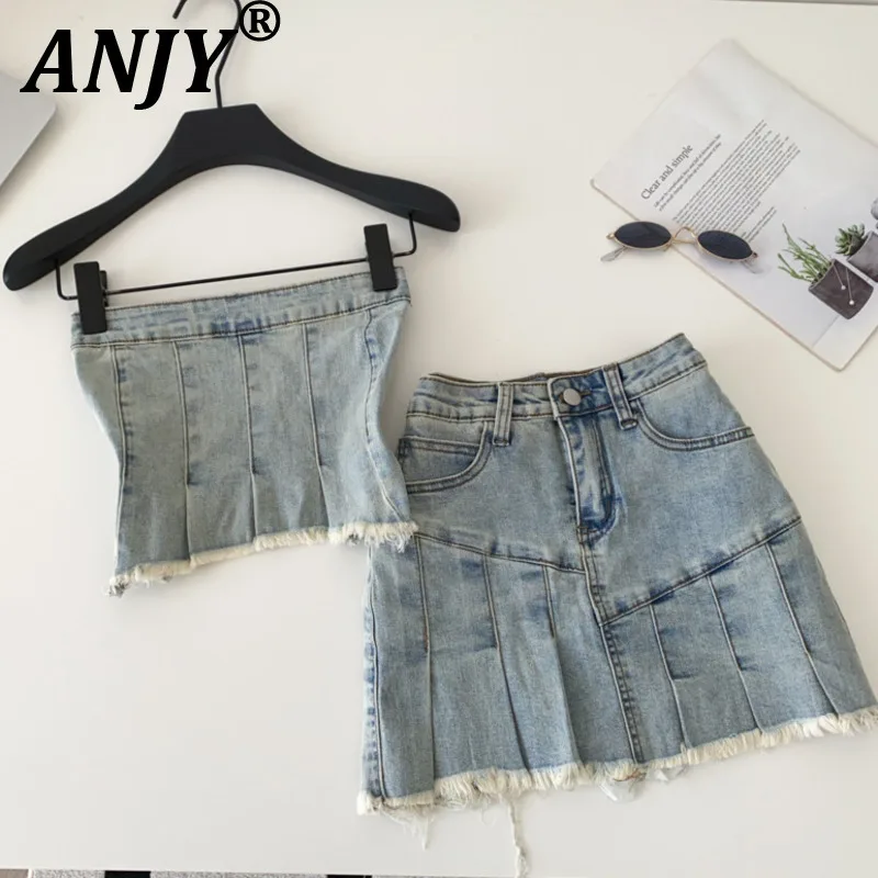 

ANJY 2026 Spring Summer New Women American Trend Hot Girl Two-Piece Set Slim Fit Tube Top Ins Denim Brushed Pleated Skirt A19043