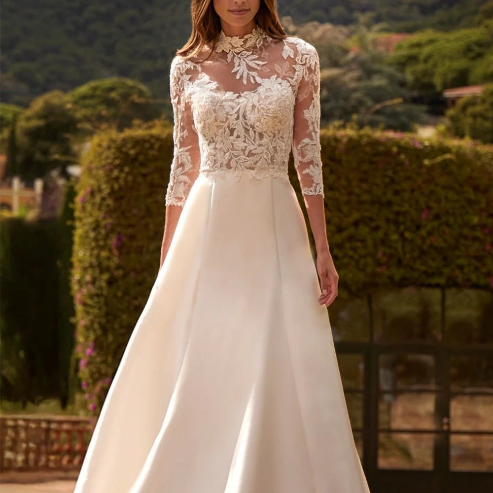 Elegante trouwjurk met hoge hals en driekwart mouwen Appliqué Tule Illusie Bruid Aangepaste Sweep/Brush train فسات • • Byd