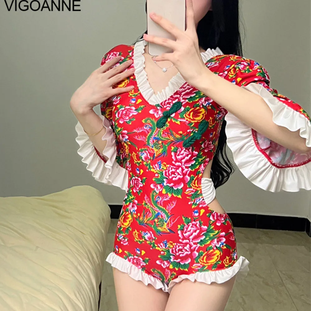 VigoAnne Print Long Sleeve Swimwear Women 2024 Push UP One Piece Swimsuit Korean Closed Monokini Backless Verge Bathing Suit