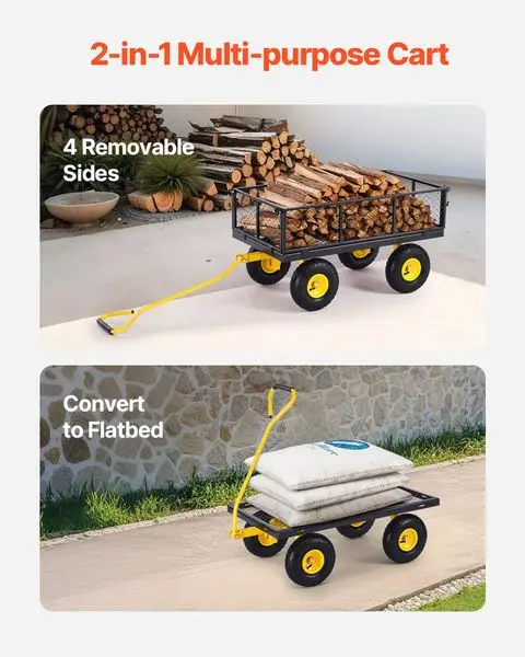 عربة حديقة فولاذية شديدة التحمل بوزن 900 رطل من VEVOR، عربة عربة حديقة على عجلات، عربات أدوات معدنية خارجية مع إطارات مقاس 10 بوصات أ
