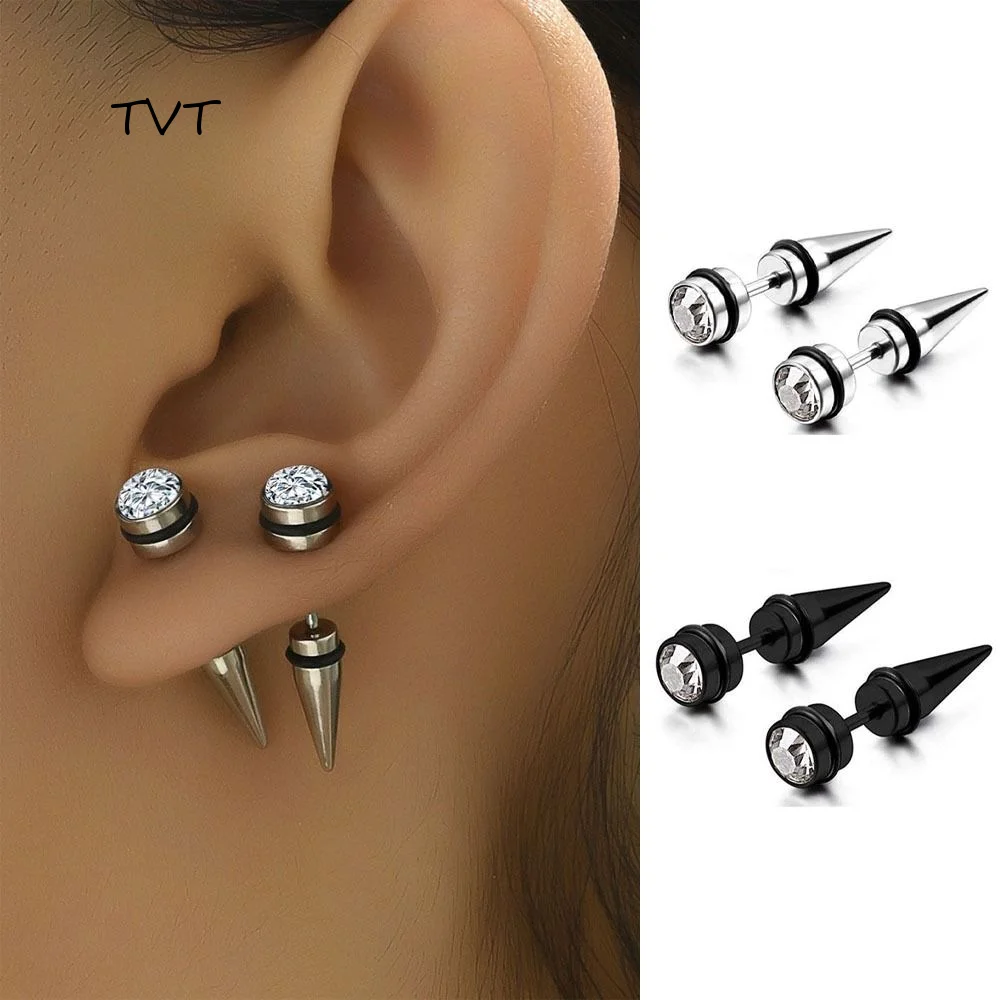 2Pcs Korean Style Stud Earrings Men Crystal Streetwear Zircon Earrings Hip Hop Women Ear Jewelry Stainless Steel Earring Men